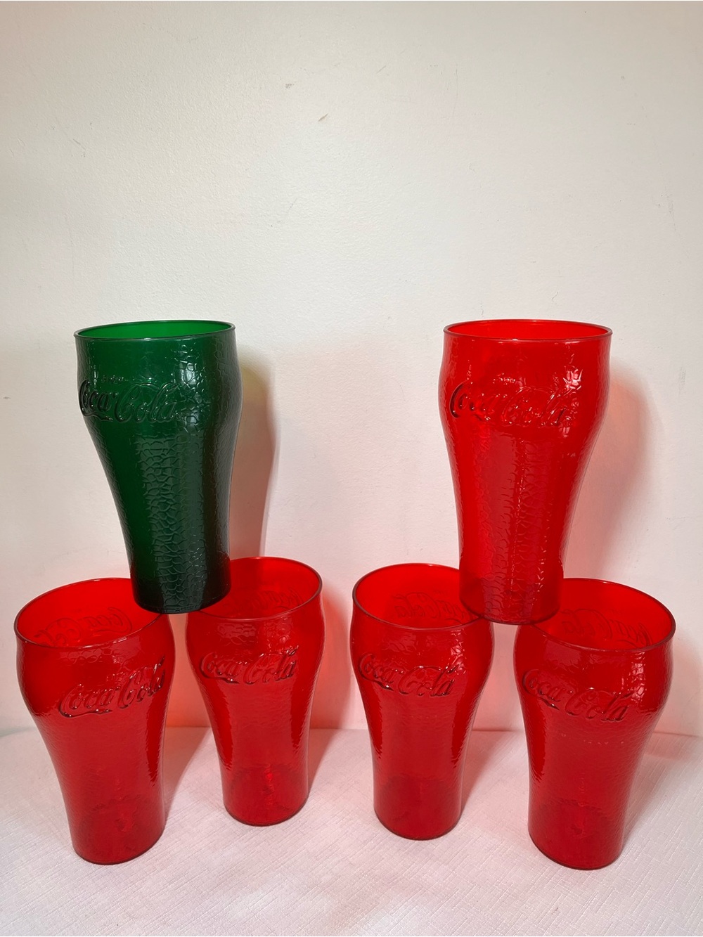 Coca Cola Red & Green Embossed Plastic Tumblers VINTAGE, Dixie Collectables.